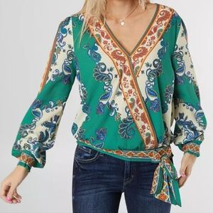 Flying Tomato Green and Blue Paisley Blouse Size L